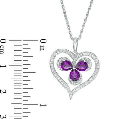 Pear-Shaped Amethyst and Lab-Created White Sapphire Clover in Heart Pendant in Sterling Silver