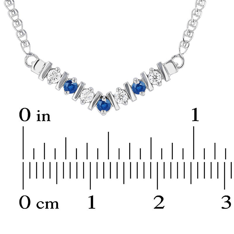 Blue Sapphire and 0.13 CT. T.W. Natural Diamond V" Necklace in 14K White Gold - 17""