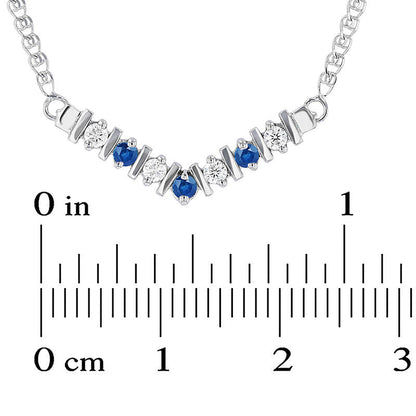 Blue Sapphire and 0.13 CT. T.W. Natural Diamond V" Necklace in 14K White Gold - 17""