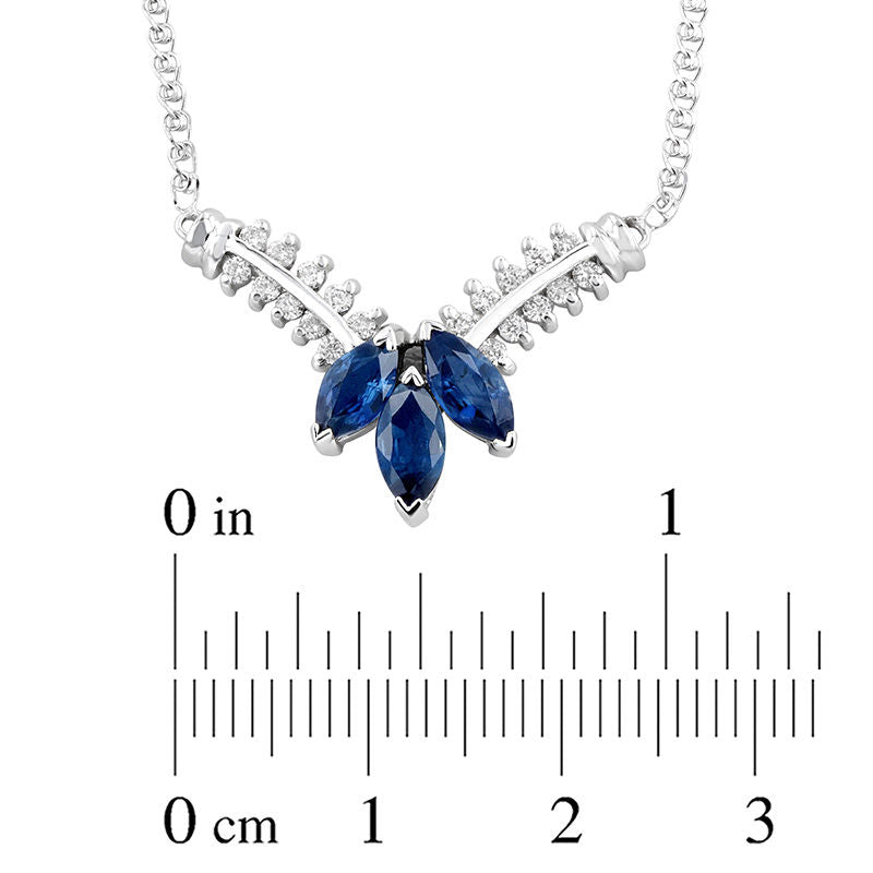 Marquise Blue Sapphire and 0.25 CT. T.W. Natural Diamond Three Stone Floral V" Necklace in 14K White Gold - 17.25""