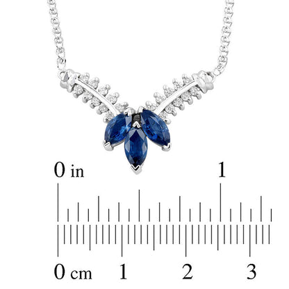 Marquise Blue Sapphire and 0.25 CT. T.W. Natural Diamond Three Stone Floral V" Necklace in 14K White Gold - 17.25""