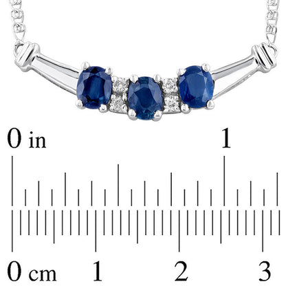 Oval Blue Sapphire and 0.07 CT. T.W. Natural Diamond Three Stone Curved Bar Necklace in 14K White Gold - 17.25