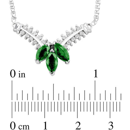 Marquise Emerald and 0.25 CT. T.W. Natural Diamond Three Stone Floral V" Necklace in 14K White Gold - 17.25""