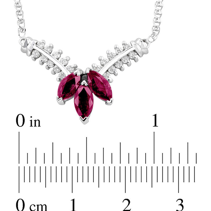 Marquise Ruby and 0.25 CT. T.W. Natural Diamond Three Stone Floral V" Necklace in 14K White Gold - 17.25""