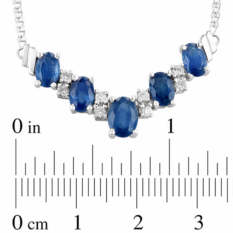 Alternating Oval Blue Sapphire and 0.2 CT. T.W. Natural Diamond Chevron Necklace in 14K White Gold - 17.33