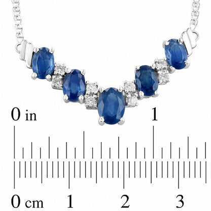 Alternating Oval Blue Sapphire and 0.2 CT. T.W. Natural Diamond Chevron Necklace in 14K White Gold - 17.33