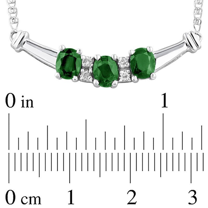 Oval Emerald and 0.07 CT. T.W. Natural Diamond Three Stone Curved Bar Necklace in 14K White Gold - 17.25
