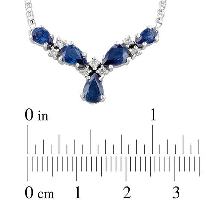 Pear-Shaped Blue Sapphire and 0.13 CT. T.W. Natural Diamond Five Stone V" Necklace in 14K White Gold - 17.125""