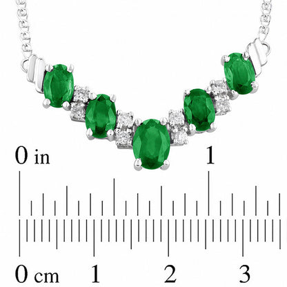 Alternating Oval Emerald and 0.2 CT. T.W. Natural Diamond Chevron Necklace in 14K White Gold - 17.33