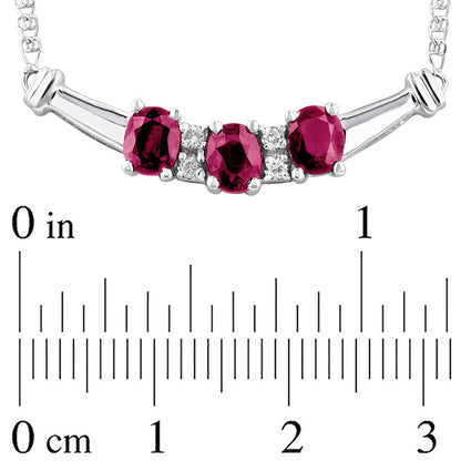 Oval Ruby and 0.07 CT. T.W. Natural Diamond Three Stone Curved Bar Necklace in 14K White Gold - 17.25