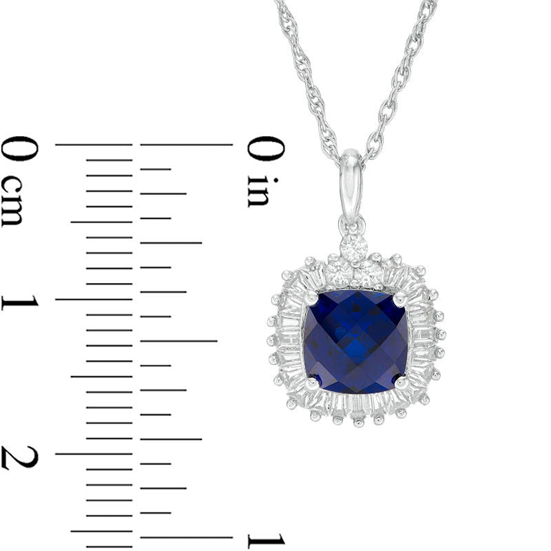 7.0mm Cushion-Cut Lab-Created Blue and White Sapphire Sunburst Frame Pendant in Sterling Silver