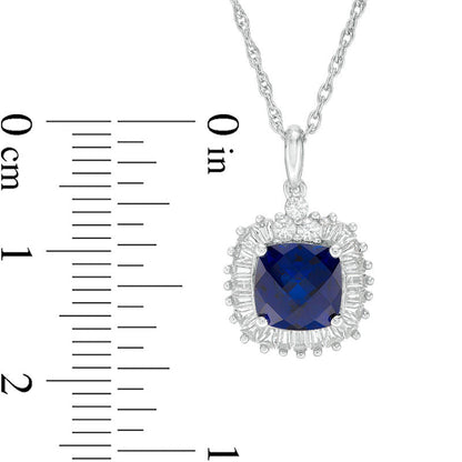 7.0mm Cushion-Cut Lab-Created Blue and White Sapphire Sunburst Frame Pendant in Sterling Silver