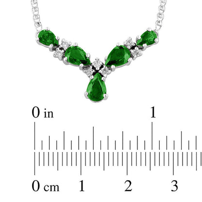 Pear-Shaped Emerald and 0.13 CT. T.W. Natural Diamond Five Stone V" Necklace in 14K White Gold - 17.125""