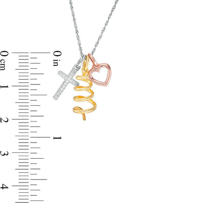 Natural Diamond Accent Cross, Tree and Heart Outline Charms Pendant in Sterling Silver and 14K Two-Tone Gold Plate
