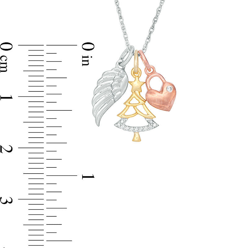 Natural Diamond Accent Wing, Christmas Tree and Heart Charms Pendant in Sterling Silver and 14K Two-Tone Gold Plate