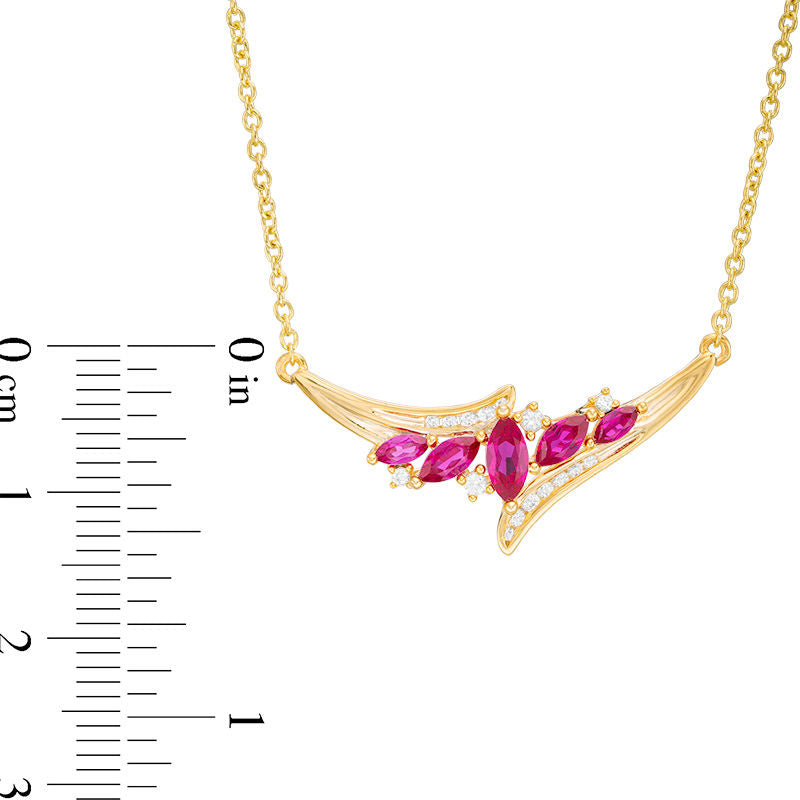 Marquise Lab-Created Ruby and White Sapphire Five Stone Bypass Necklace in Sterling Silver with 14K Gold Plate - 15.75