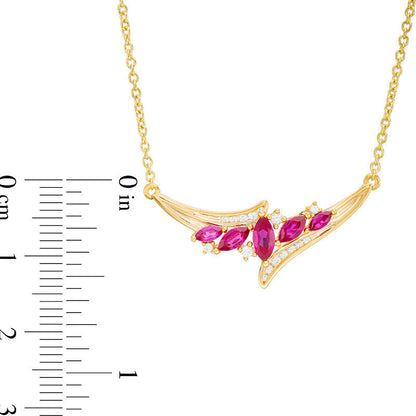 Marquise Lab-Created Ruby and White Sapphire Five Stone Bypass Necklace in Sterling Silver with 14K Gold Plate - 15.75