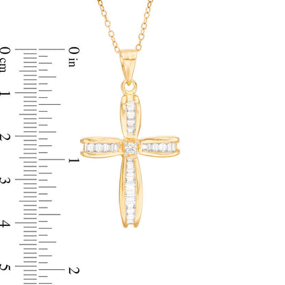 0.88 CT. T.W. Baguette and Round Natural Diamond Cross Pendant in 14K Gold