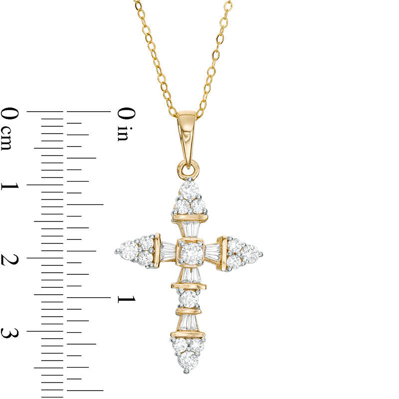 1 CT. T.W. Baguette and Round Natural Diamond Cross Pendant in 14K Gold