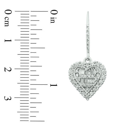 1 CT. T.W. Baguette and Round Diamond Heart Drop Earrings in 10K White Gold