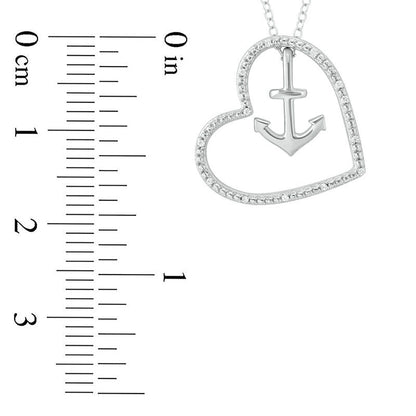 Natural Diamond Accent Tilted Heart Outline with Anchor Pendant in Sterling Silver