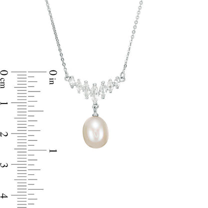 8.5 - 9.0mm Oval Cultured Freshwater Pearl Drop and Marquise White Topaz Graduated Necklace in Sterling Silver - 17