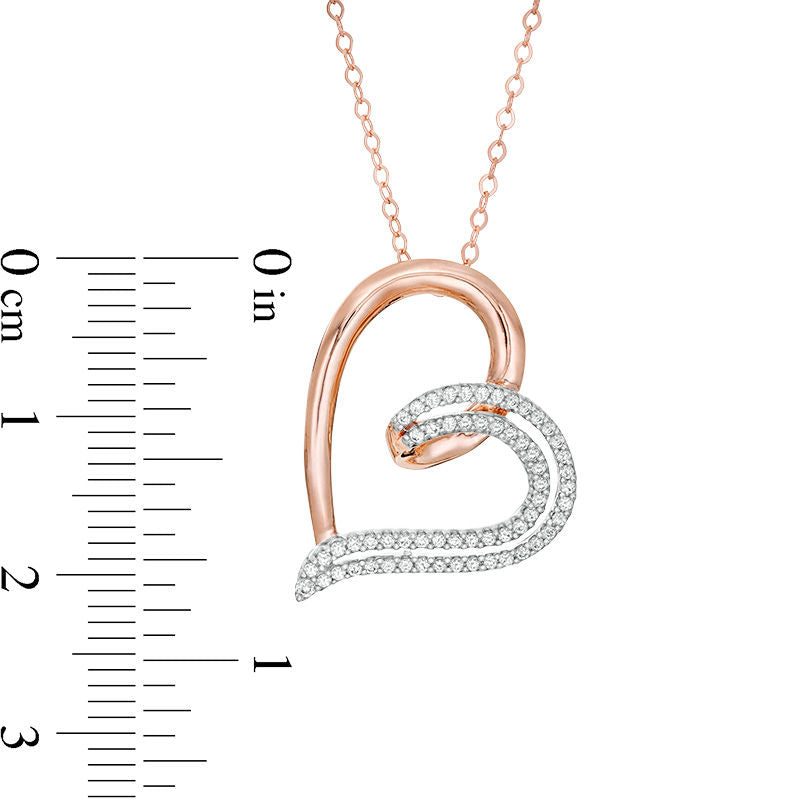 0.25 CT. T.W. Natural Diamond Double Row Half-and-Half Tilted Heart Pendant in 10K Rose Gold
