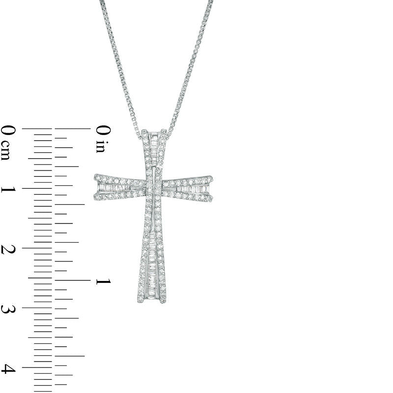 0.63 CT. T.W. Baguette and Round Natural Diamond Flared Cross Pendant in Sterling Silver
