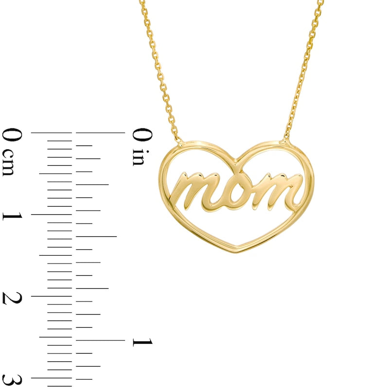 Cursive mom" Heart Outline Necklace in 14K Gold"