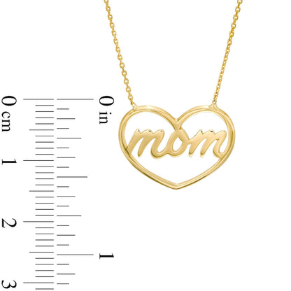 Cursive mom" Heart Outline Necklace in 14K Gold"