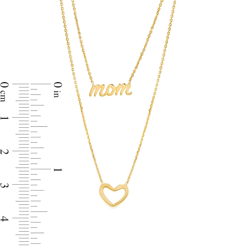Cursive mom" and Heart Outline Double Strand Necklace in 14K Gold"