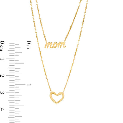Cursive mom" and Heart Outline Double Strand Necklace in 14K Gold"