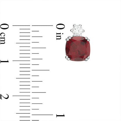 7.0mm Cushion-Cut Garnet and Lab-Created White Sapphire Stud Earrings in Sterling Silver