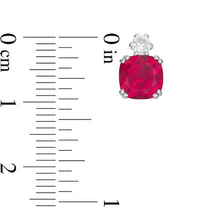 7.0mm Cushion-Cut Lab-Created Ruby and White Sapphire Stud Earrings in Sterling Silver