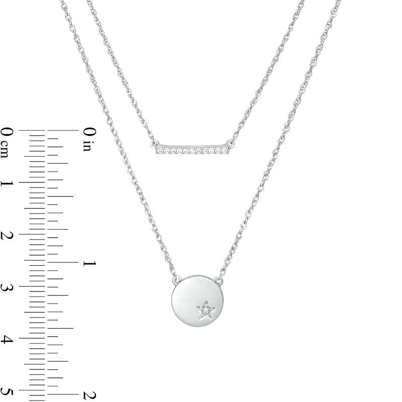 0.07 CT. T.W. Natural Diamond Bar and Disc with Star Double Strand Necklace in Sterling Silver - 20