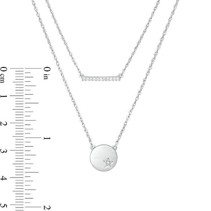 0.07 CT. T.W. Natural Diamond Bar and Disc with Star Double Strand Necklace in Sterling Silver - 20