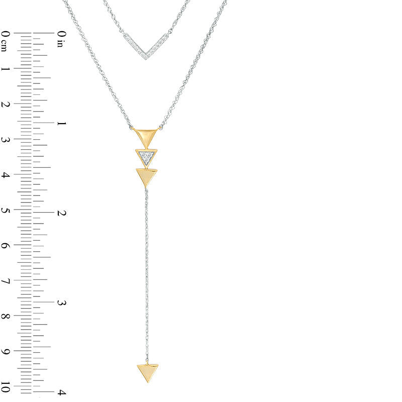 0.13 CT. T.W. Natural Diamond Chevron and Triangle Double Strand Y" Necklace in Sterling Silver and 10K Yellow Gold - 21.5""