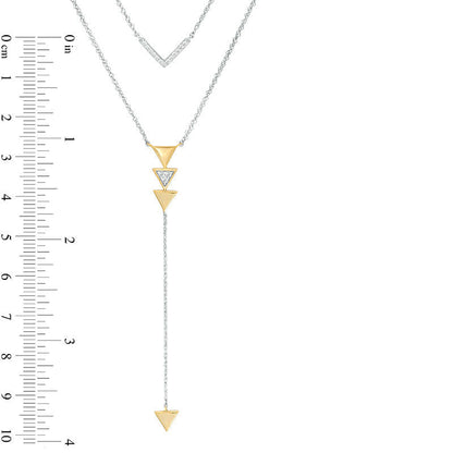 0.13 CT. T.W. Natural Diamond Chevron and Triangle Double Strand Y" Necklace in Sterling Silver and 10K Yellow Gold - 21.5""