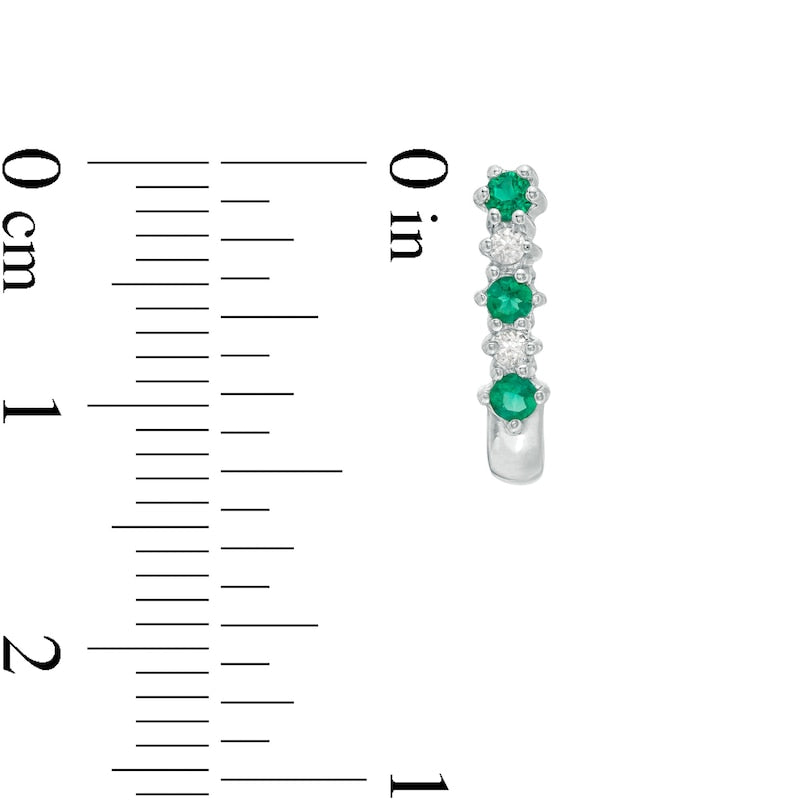 Emerald and 0.05 CT. T.W. Diamond Three Stone Alternating J-Hoop Earrings in 14K White Gold