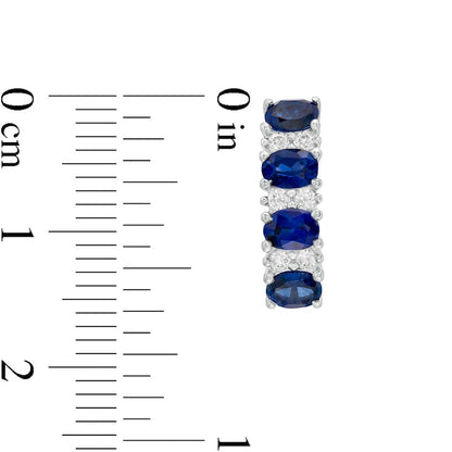 Sideways Oval Blue Sapphire and 0.25 CT. T.W. Diamond Duo Alternating Four Stone Hoop Earrings in 14K White Gold