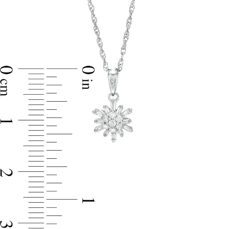 0.2 CT. T.W. Baguette and Round Natural Diamond Sunburst Pendant in 10K White Gold