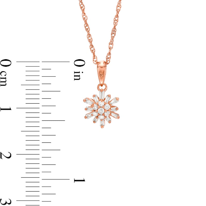 0.2 CT. T.W. Baguette and Round Natural Diamond Sunburst Pendant in 10K Rose Gold