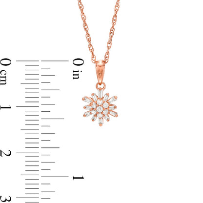 0.2 CT. T.W. Baguette and Round Natural Diamond Sunburst Pendant in 10K Rose Gold