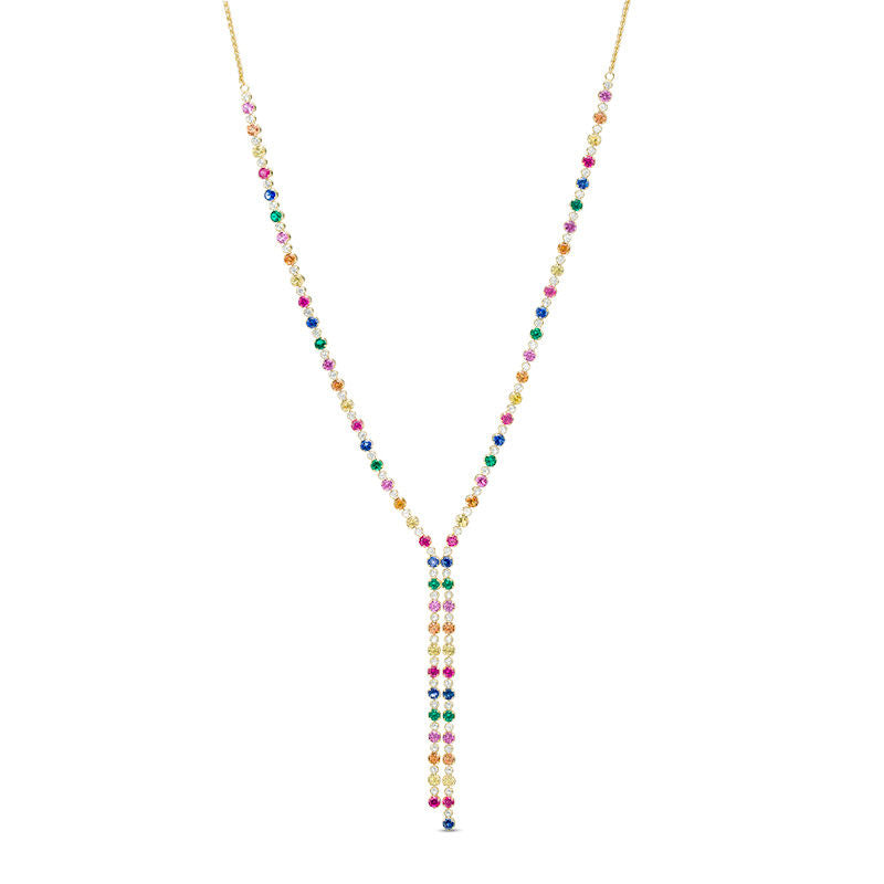 Lab-Created Multi-Color Sapphire, Ruby and Emerald Bolo Necklace in Sterling Silver with 18K Gold Plate - 26