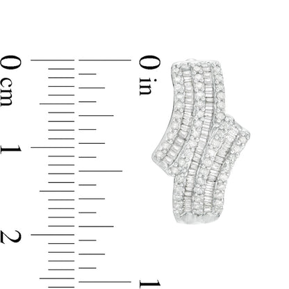 1.25 CT. T.W. Baguette and Round Diamond Multi-Row Bypass Hoop Earrings in 10K White Gold