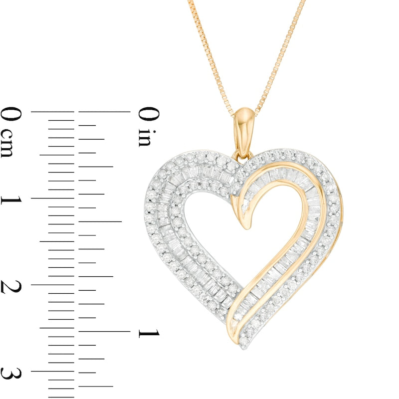 1 CT. T.W. Baguette and Round Natural Diamond Double Row Heart Pendant in 10K Yellow Gold