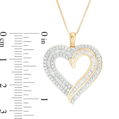 1 CT. T.W. Baguette and Round Natural Diamond Double Row Heart Pendant in 10K Yellow Gold
