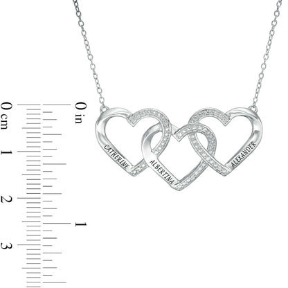 Mother's Natural Diamond Accent Beaded Engravable Interlocking Hearts Trio Necklace in Sterling Silver (3 Lines)