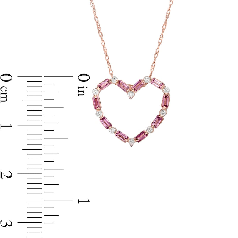 Baguette-Cut Rhodolite and 0.1 CT. T.W. Natural Diamond Heart Outline Pendant in 10K Rose Gold