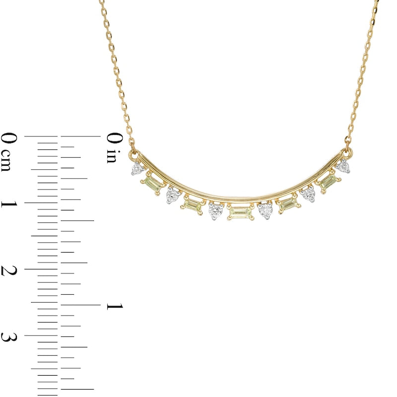 Alternating Baguette-Cut Peridot and 0.13 CT. T.W. Natural Diamond Curved Bar Necklace in 10K Yellow Gold